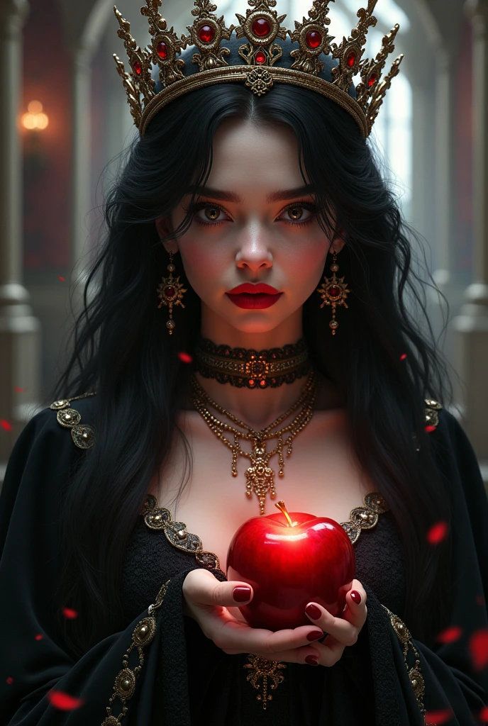((RAW Photo), absurd, (absurdresolution)), masterpiece, best quality, (Extremely detailed 8k unity CG wallpaper), (best illustration), (best shadow), Realistic lighting, beautiful detailed glow, ((21 years old)), girl, long black hair, black queen, accessories, apple in hand, poisoned apples, witch queen, red lipstick, (((Photographic Perspective of her)))