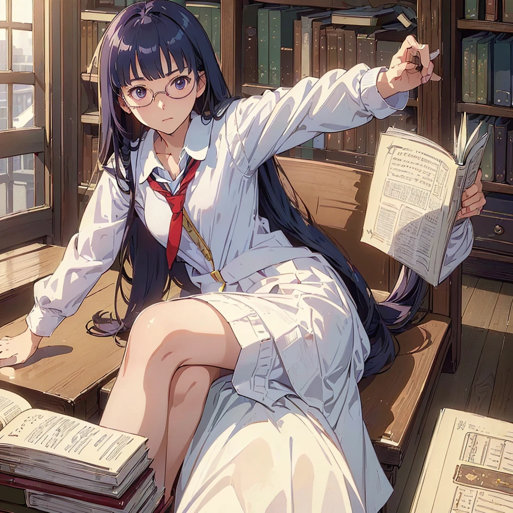 (((masterpiece))) ((( background : romantic theme : students : in library : books ))) ((( character : Kanna : fit body : long smart hair  : model student : nerd : wearing glasses : summer white school uniform : sitting : serious studying )