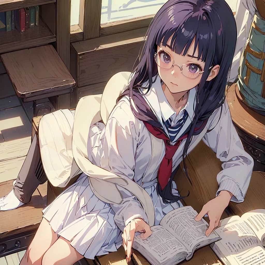 (((masterpiece))) ((( background : romantic theme : students : in library : books ))) ((( character : Kanna : fit body : long smart hair  : model student : nerd : wearing glasses : summer white school uniform : sitting : serious studying )