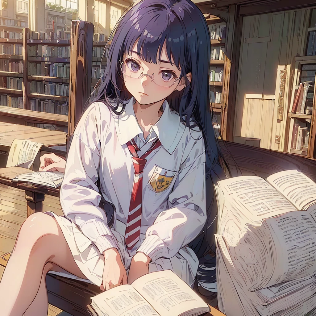 (((masterpiece))) ((( background : romantic theme : students : in library : books ))) ((( character : Kanna : fit body : long smart hair  : model student : nerd : wearing glasses : summer white school uniform : sitting : serious studying )