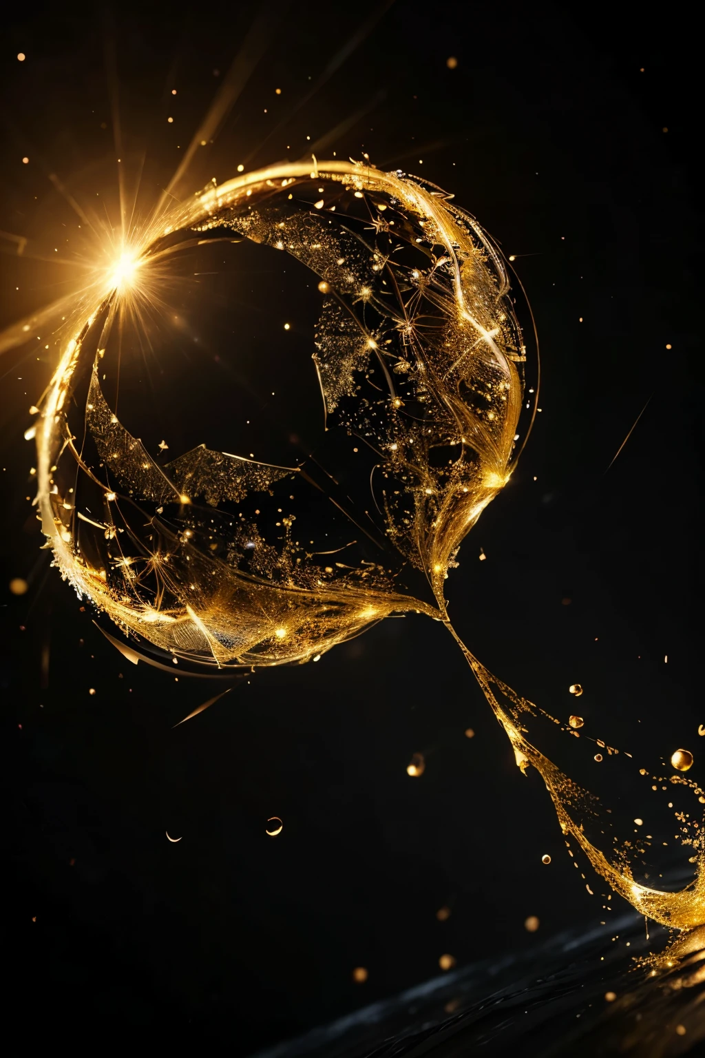 Generates a background filled with golden particles，Particles should appear glowing，Scattered on black background。The overall effect should be full of shimmering brilliance，Particles can form flowing waves or be randomly distributed，Presenting a dreamy and luxurious atmosphere。The background should have layers and depth，Create a noble and modern visual effect。
