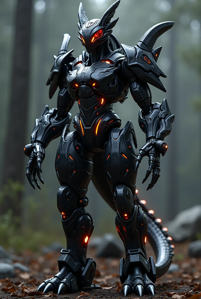 A black female Dragon robot with red and amber eyes