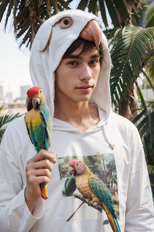 Young handsome cute white skin soft skinny beautiful face and with a cute parrot clothing costume