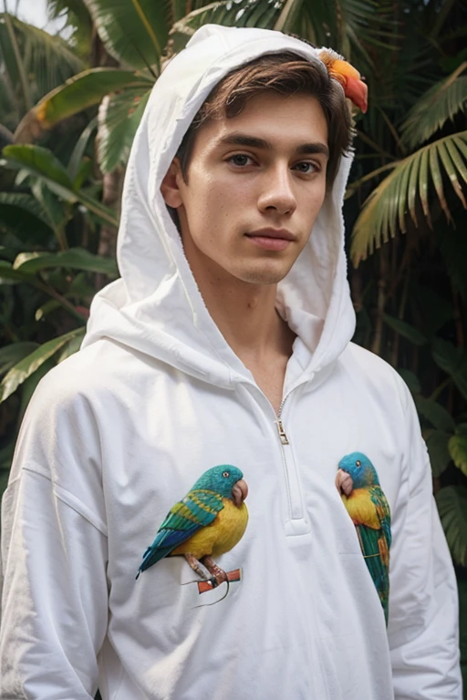 Young handsome cute white skin soft skinny beautiful face and with a cute parrot clothing costume