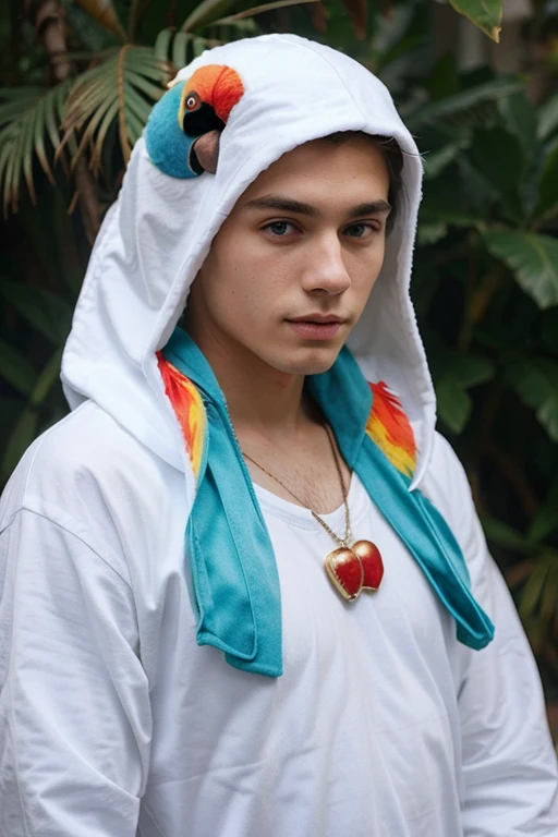 Young handsome cute white skin soft skinny beautiful face and with a cute parrot clothing costume
