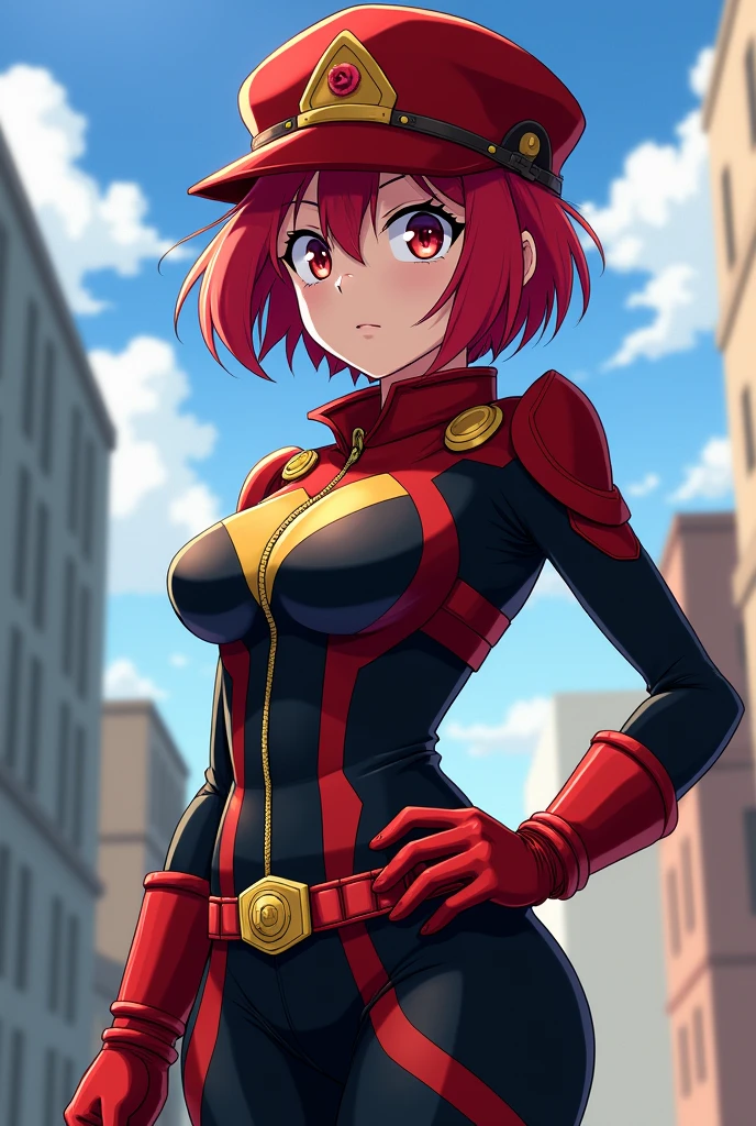 Create an anime character with red hair, clear blue eyes, with uniform, serious expression, in the style of Boku no Hero