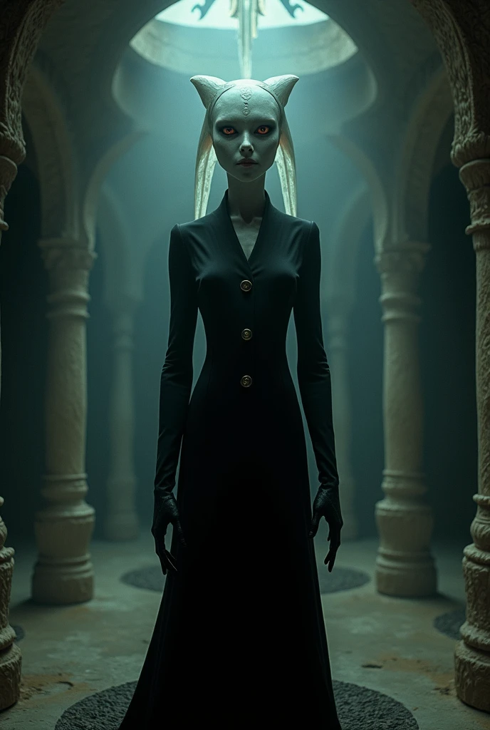 "Draw the Other Mother, an eerie and elegant figure with button eyes and sophisticated black clothing. The image should capture her sinister smile and terrifying transformation, all in the style of dark fantasy and dark crystal, with a 1980s practical effects aesthetic."