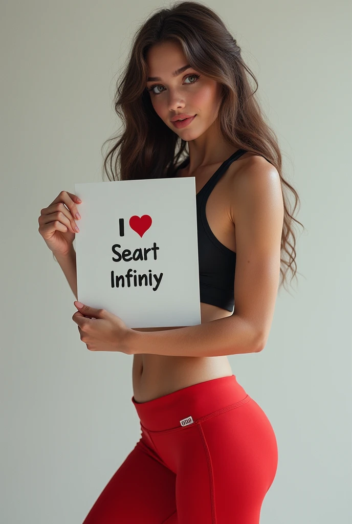 Beautiful girl with wavy long hair, bohemian dress, holding a white board with text "I Love Seaart Infinity" and showing it to the viewer(Photorealistic realism 16K quality, ultra-fine digital art), (Realistic proportional body, Anatomically correct:1.3), ((1 Female:1.34)), in (Sports Style(red: running pants), Very detailed:1.22), and,, [black: Sport crop top], Turn back, View your viewers, Buckshot, Nice face, Detailed clothing features,Detailed hair features,Detailed facial features,Looking into the camera,,(Dynamic and sexy pose),Cinematic Light,(Highest quality,Written boundary depth,Intricate details,The contrast of light and shadow、The subject appears three-dimensional,) ,Digital single-lens reflex camera, (Realistic),(Picture Mode Ultra HD,) 