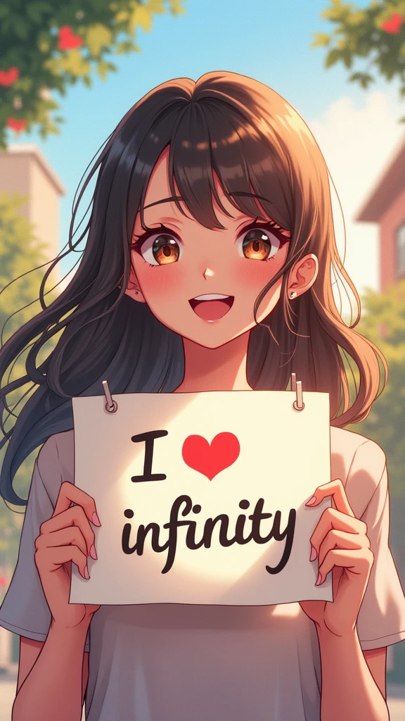 A beautiful and lovely lady holding a sign "I love infinity", hapiness, hapiness的, Anime Illustrations, Reality, painting