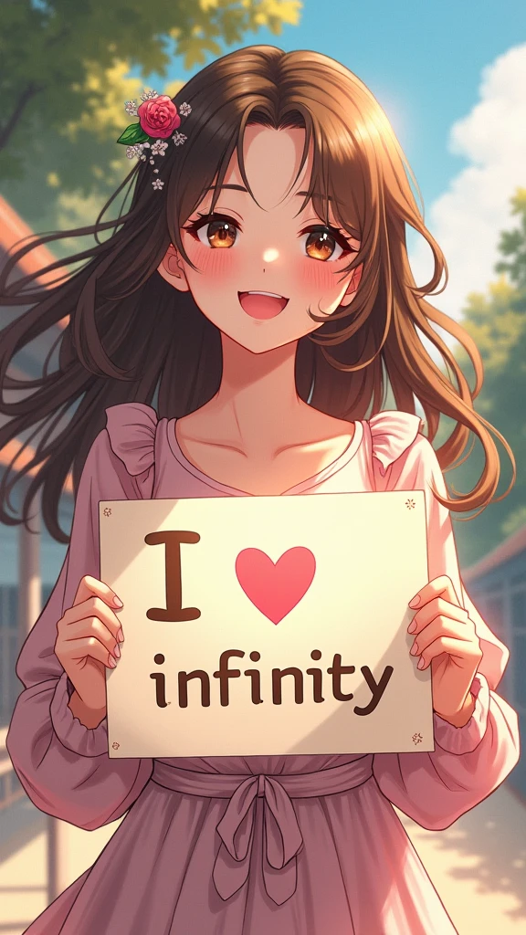 A beautiful and lovely lady holding a sign "I love infinity", hapiness, hapiness的, Anime Illustrations, Reality, painting