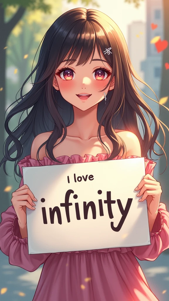 A beautiful and lovely lady holding a sign "I love infinity", hapiness, hapiness的, Anime Illustrations, Reality, painting