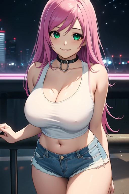 1 girl, 19 years old, Long pink hair, green eyes with slit pupils, master-piece, best quality, (standing up), (white crop top), (white crop t-shirt top、denim short shorts and cleavage), (Big , ultra gigantic , Super super big, Glamorous body), Make eye contact with the camera, front figure, looking forward, (light_Smile:1.5), (Detailed hands and fingers:1.2) (Cyberpunk City)、(Cyberpunk city at night), (FULL BODYSHOT), thighs thighs thighs thighs、beauty legs、