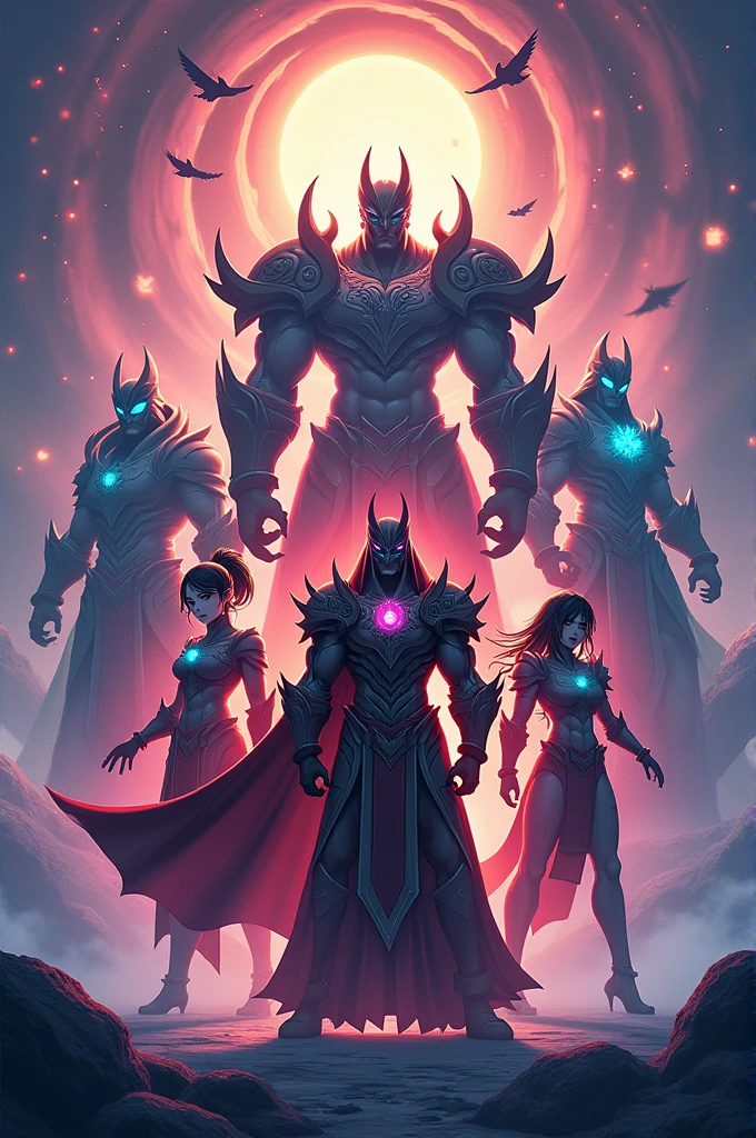 Create a professional Wakfu character design poster featuring Wakfu Krosmos warrior gods characters sheet, emphasizing unique and imaginative interpretations inspired by the Dofus Ankama series, best quality 8K high resolution ultra-detailed realistic anime, action pose conceptual art, colorful and magical book cover, Wakfu anime detailed complex character design, cinematic camera angle, vivid facial expressions sheet, poster illustration