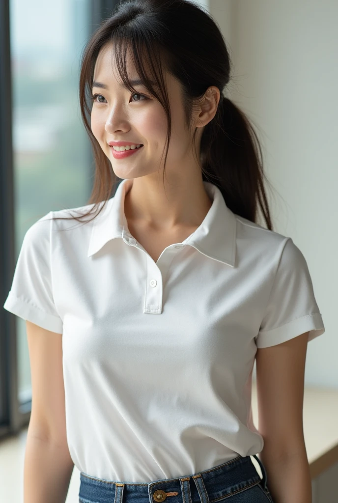 One Japanese woman, Wear your polo shirt with the collar up,Stand up your collar,Collar stand