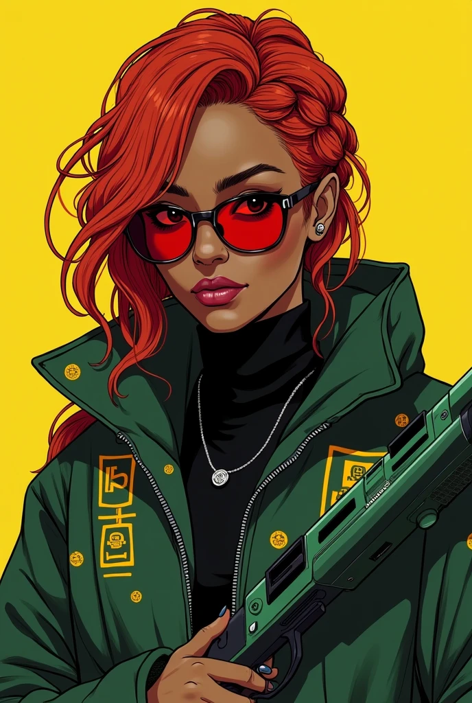 a female character in 2d cyberpunk style, A 28 year old woman, dark brown skin, eyes on black color, serious eyebrows. her hair is long, curly and bright red in color, tied in a braid that falls over her shoulder, wears a thick dark green jacket with strange symbols scattered randomly, bright golden in color. wears a turtleneck blouse tucked into the jacket. red protective glasses on the eyes. a small hoop earring in her right ear and has some scars on her face and neck. holds a green colored shotgun, your nails are long with black polish.