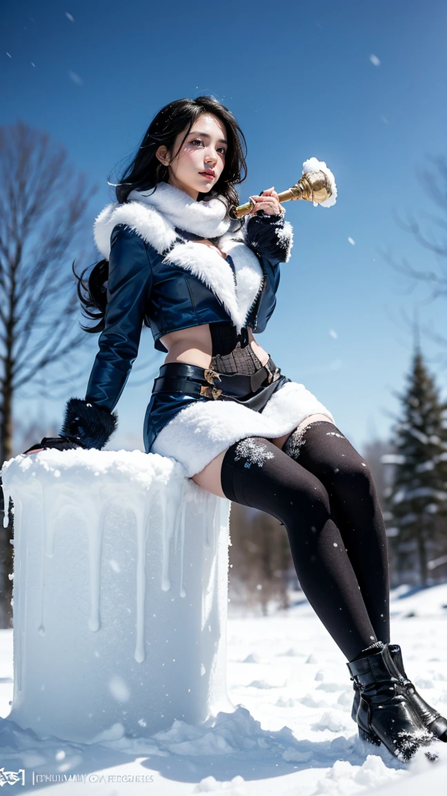 "Illustrate Vex from League of Legends by Riot Games, in her Winter Wonder skin, with icy, snow-themed attire and a frosty staff, featuring a cold, yet delicate look, having massive k-cups:1.55. She's in a snowy landscape with falling snowflakes and ice sculptures, in an attractive pose, casting freezing shadow magic."

