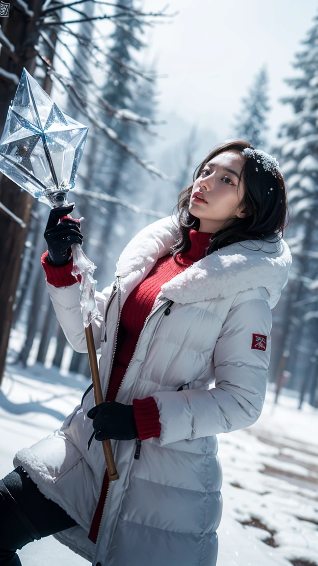 "Illustrate Vex from League of Legends by Riot Games, in her Winter Wonder skin, with icy, snow-themed attire and a frosty staff, featuring a cold, yet delicate look, having massive k-cups:1.55. She's in a snowy landscape with falling snowflakes and ice sculptures, in an attractive pose, casting freezing shadow magic."

