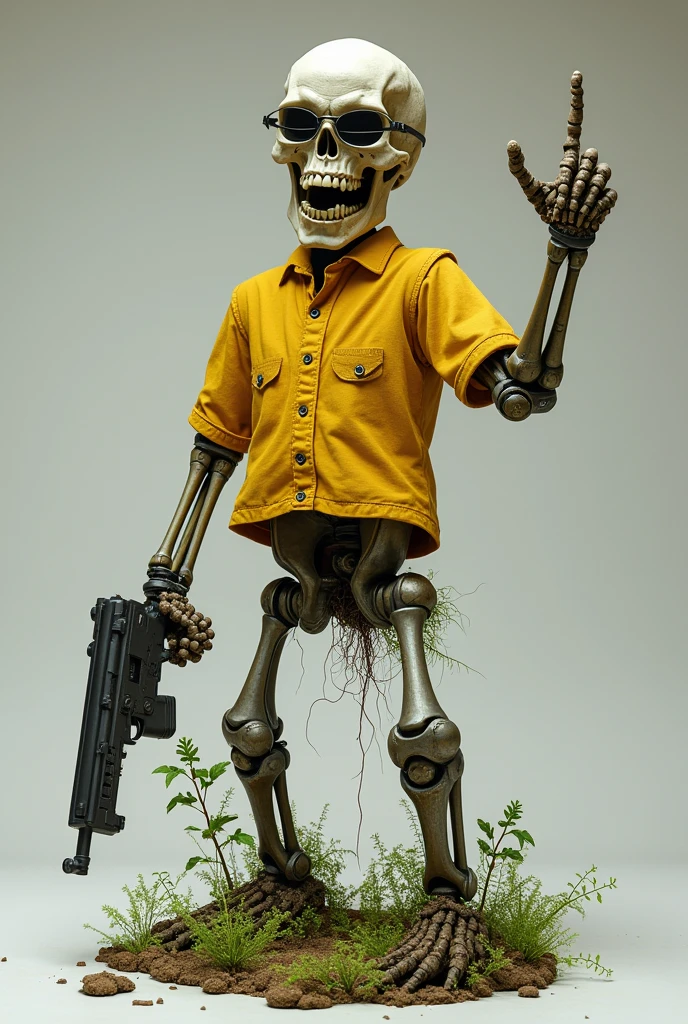 Skeleton wearing a yellow shirt, a head with teeth, wearing glasses, looking angry, wearing jeans with metal legs, half body is moss, right hand holding a gun, left hand raising thumb.
