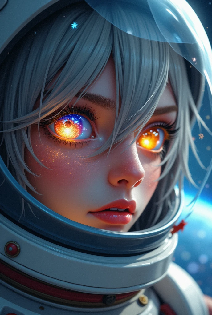 (Close-up of a better masterpiece:1.5)0.9], (Space and astronauts:1.2) (Messy silver hair:1.1) (Heterochromia xanthochromia and blue eyes:1.2) (Space Helmet:1.0) (Colored stars in the eyes:1.0) (A radiant glow:1.1) (thick lips:0.9)