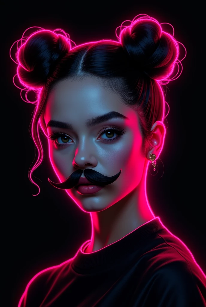 Neon pink outline with black background of woman&#39;s head with buns, with a mustache and a professional barber item