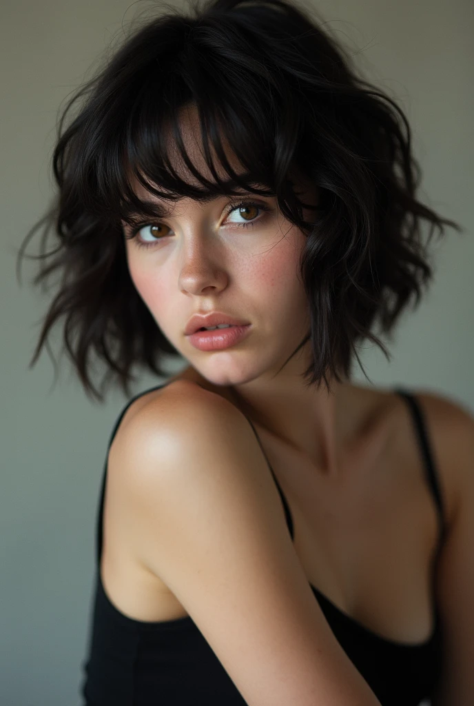 (Highest quality:1.4),(masterpiece:1.4),(Realistic:1.4),(Realistic:1.2),(超High resolution, RAW Photos:1.4),(High resolution, Very detailed:1.2),(8k:1.2),photograph,a photo of a dark-haired,Her hairstyle is a short bob with bangs..,one person&#39;s,alone,(In underwear),((Upper Body:1.3))