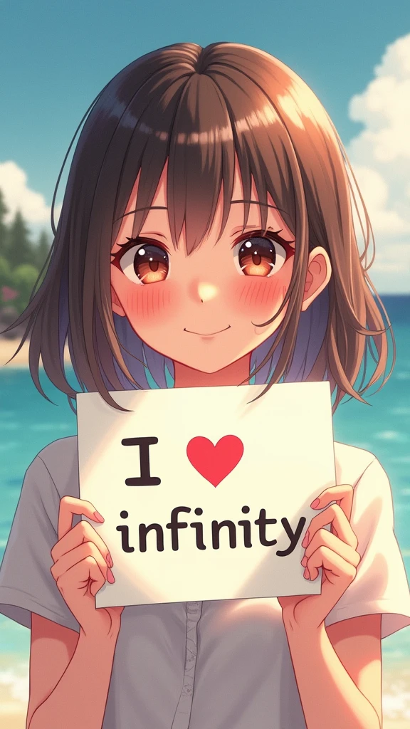 a beautiful and cute woman holding up a sign "i love infinity", joyful, happy, anime illustration, photorealistic, oil painting