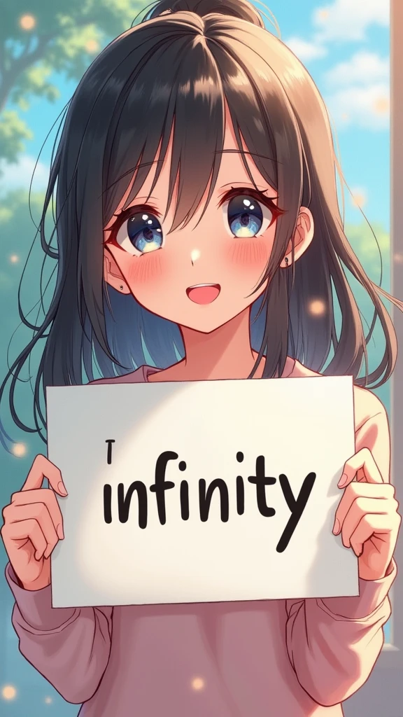 a beautiful and cute woman holding up a sign "i love infinity", joyful, happy, anime illustration, photorealistic, oil painting