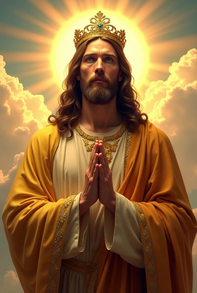 Perfect hand 5 finger, Portrait of a handsome Jesus Christ wearing gold clothes of crown king in the clouds, Jesus Christ, real blue eyes, sunny day, intricate details.real Jesus Christ, straight head face, Straight body.Prayer Jesus Christ, perfect full body,  perfect hands finger,Prayer Jesus Christ, praying Jesus Christ backgrounds natural photographic