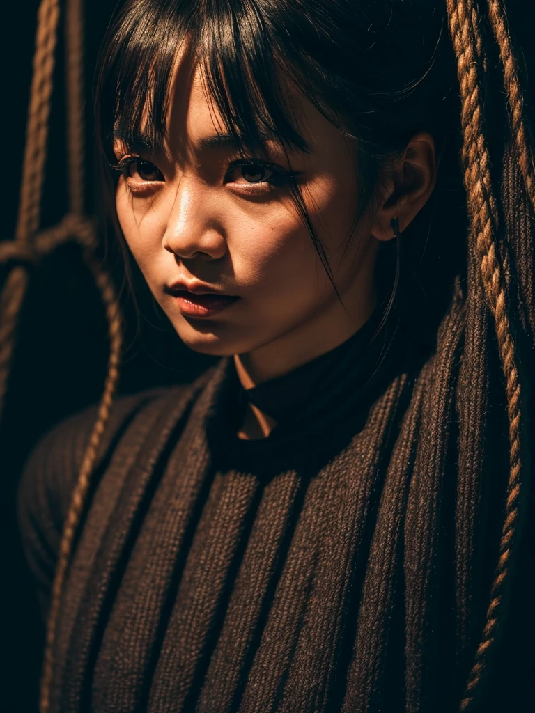 a beautiful asian woman, extremely detailed face and eyes, tied up in ropes, bdsm, photorealistic, 8k, high quality, dramatic lighting, cinematic composition, moody color palette, dark and edgy atmosphere