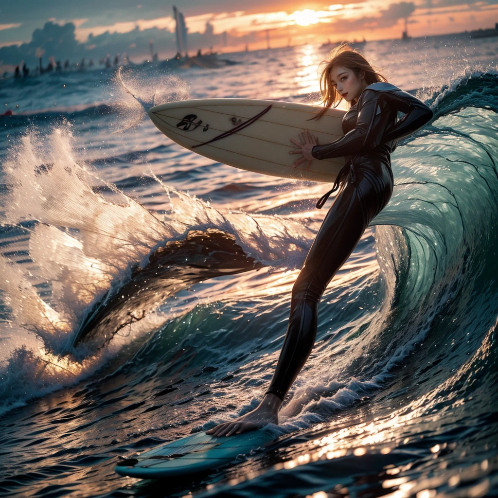 (Luminism:1.28), Back view、(TopQuality 8K Masterpiece:1.2) (ProfessionalPHOTO:1.37) Extremely Detailed (A girl standing on a surfboard riding a wave), (Colorful morning Glory Rays)、(Crouching and balancing on a surfboard.:1.28), (There is Detailed Only one surfboard under her feet:1.32) Splashing water Particles Sparkling waves, Glowing Wet Hair、(Super hourglass body type)、Dynamic motion blur, Perfect Hand、(Surfing Photos:1.4) Extreme Sports Photography with action pose