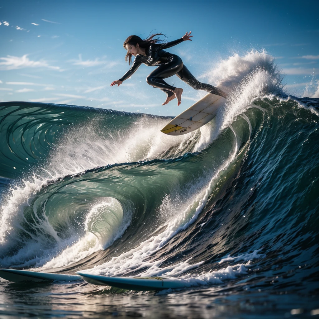 (Luminism:1.28), Back view、(TopQuality 8K Masterpiece:1.2) (ProfessionalPHOTO:1.37) Extremely Detailed (A girl standing on a surfboard riding a wave), (Colorful morning Glory Rays)、(Crouching and balancing on a surfboard.:1.28), (There is Detailed Only one surfboard under her feet:1.32) Splashing water Particles Sparkling waves, Glowing Wet Hair、(Super hourglass body type)、Dynamic motion blur, Perfect Hand、(Surfing Photos:1.4) Extreme Sports Photography with action pose