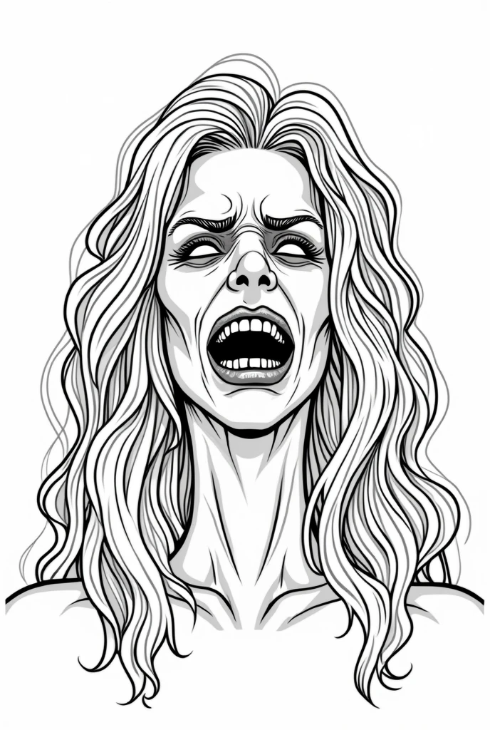 Create a line drawing for a coloring book featuring an eight-foot-tall figure with translucent, yellowish skin. Outline the figure with watery white eyes in deep sockets, long flowing black hair, and prominent pearly white teeth. Include straight black lips and emphasize the tragic and sorrowful expression on its face, ensuring the lines are clear and well-defined for easy coloring.