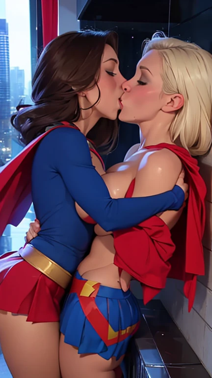 Two girls. Masterpiece. Two busty babes. Gloomy city, night, dim lights, under pouring rain, soaking wet. On skyscrapers roof tops, two hugely busty babes, topless, breasts and nipples exposed, are kissing passionately,, their breasts pressing on each other, hand on breast, hand on shoulder. First, Supergirl, brown hair, in her signature blue and red mini skirt, topless, her big breasts exposed. Second, Power Girl, blond hair, topless, her big breasts exposed, white underwear. Two girls together. Girl power. Girl passionate love. HD. High quality.