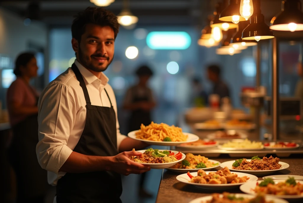 a Bangladeshi waiter is serving plates with food to the customer.
