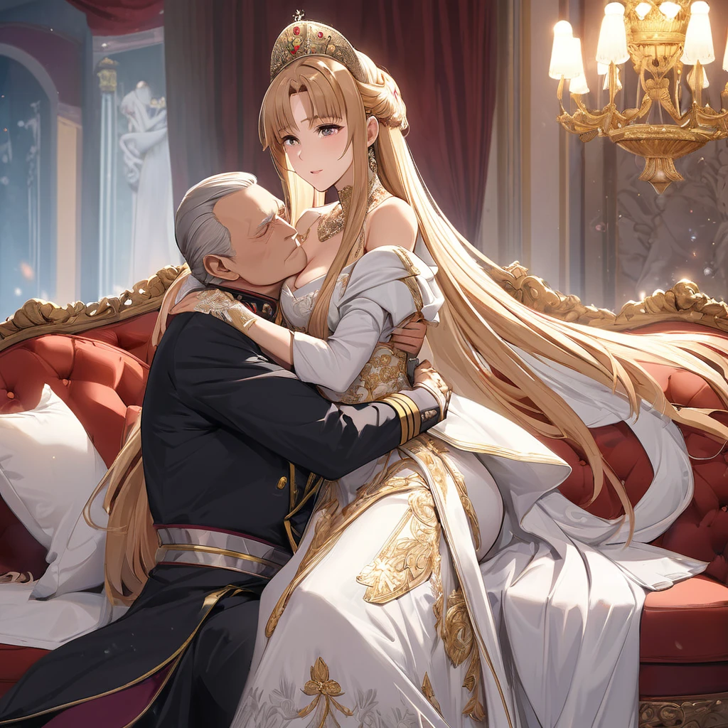 ((Highest quality)), ((masterpiece)), (detailed), (Perfect Face)、The woman is Yuuki Asuna, a Russian with light brown, medium-long hair, an elegant, graceful and beautiful Russian noblewoman, and the Empress of the Great Russian Empire.、The woman is beautifully dressed in the gorgeous and glittering gold-colored Russian court dress of an ancient Russian empress, with gorgeous accessories, and a beautiful and luxurious kokoshnik.、The woman is standing next to a great and dignified old Russian emperor.、The woman sits cozy with the great Russian emperor on a luxurious sofa in the palace.、The woman is sitting on a luxurious sofa in the palace hugging and kissing the great old Russian emperor.