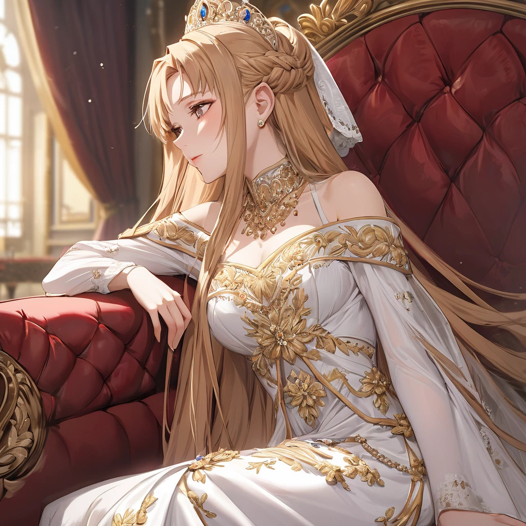 ((Highest quality)), ((masterpiece)), (detailed), （Perfect Face）、The woman is Yuuki Asuna, a Russian with light brown, medium-long hair, an elegant, graceful and beautiful Russian noblewoman, and the Empress of the Great Russian Empire.、The woman is beautifully dressed in the gorgeous and glittering gold-colored Russian court dress of an ancient Russian empress, with gorgeous accessories, and a beautiful and luxurious kokoshnik.、The woman is standing next to a great and dignified old Russian emperor.、The woman sits cozy with the great Russian emperor on a luxurious sofa in the palace.、The woman is sitting on a luxurious sofa in the palace hugging and kissing the great old Russian emperor.