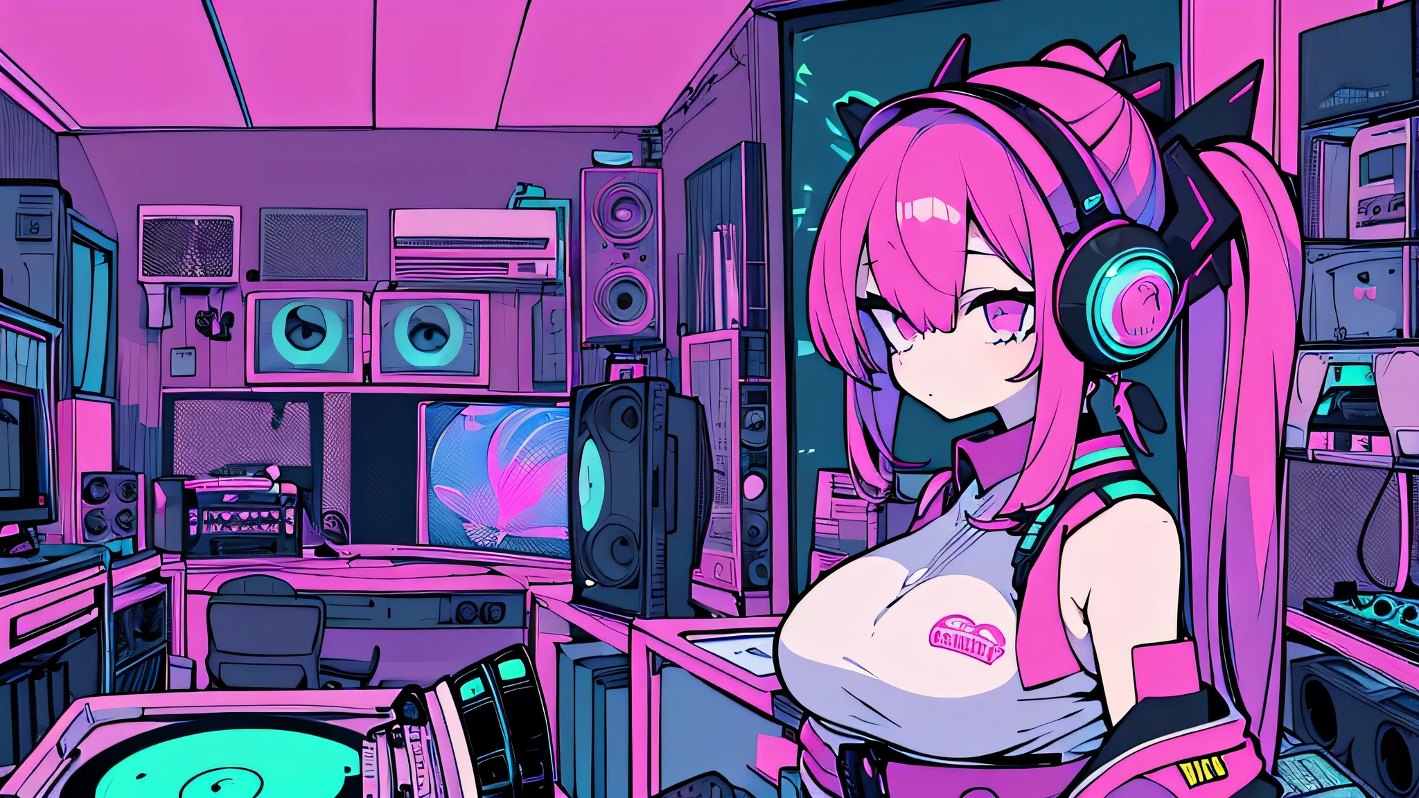 Best quality, (masterpiece), best detail face,1 girl, big breasts, 18 yo, 8k,absurdres,unity 8k wall paper,(extremely detailed:1.3), highest realistic, (retro headphones:), (soft neon light:), (psychedelic), Her room full of music equipment and records, sports wear , See the whole room , pony tail hair