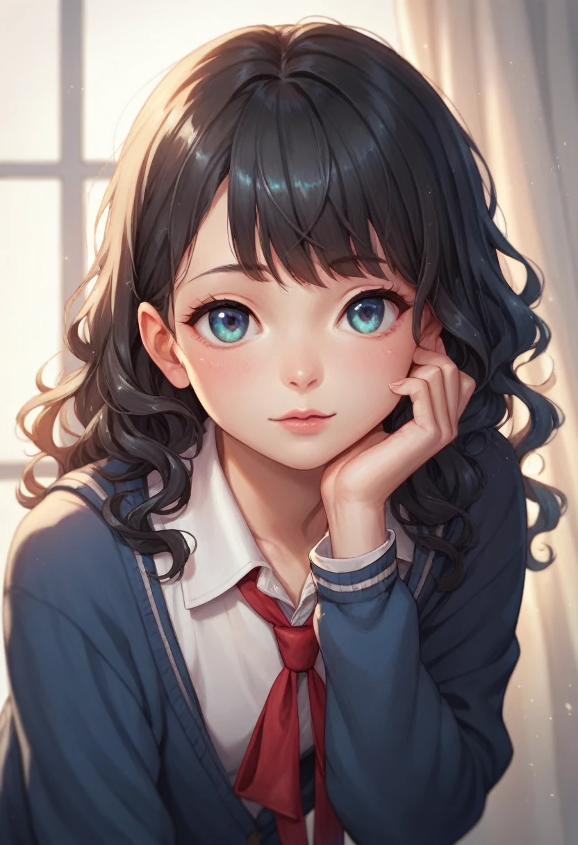 Realistically,beautiful detailed [loli, fringe details,  beautiful face,school uniforms, shiny white skin,black hair,medium  hair,wavy hair],leaning forward