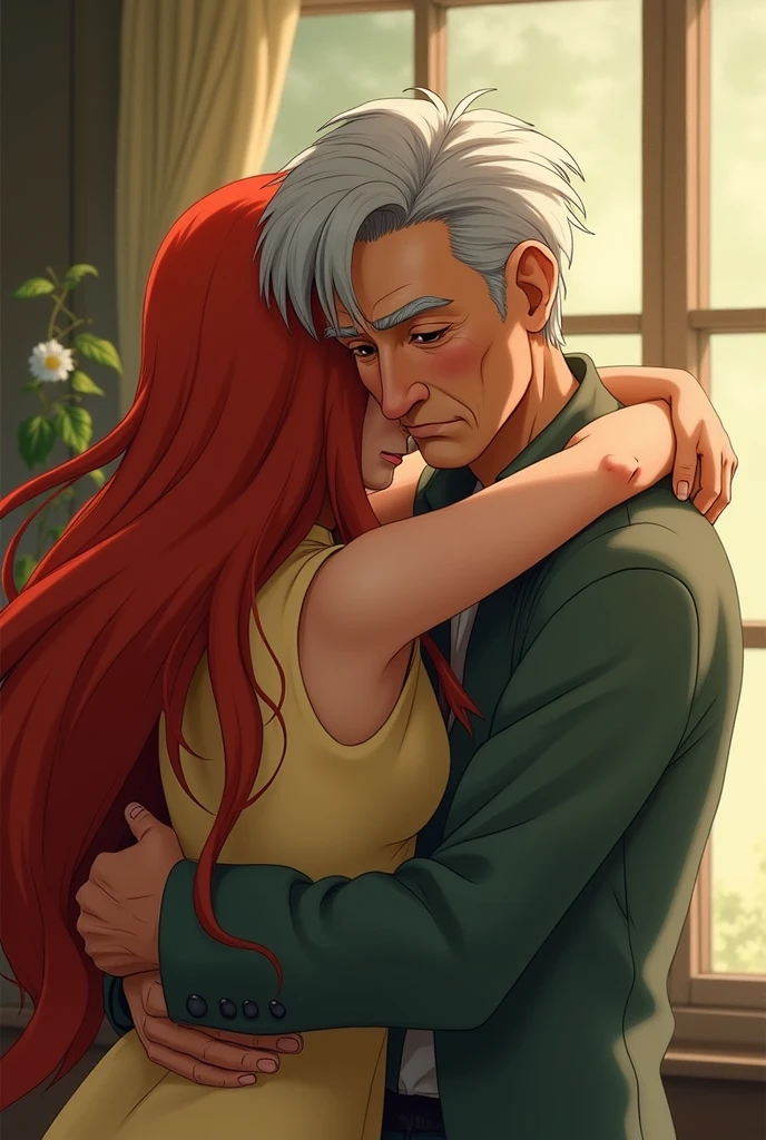 A picture of ponyo and sosuke hugging, both in their adult-old form, ponyo long loose red hair