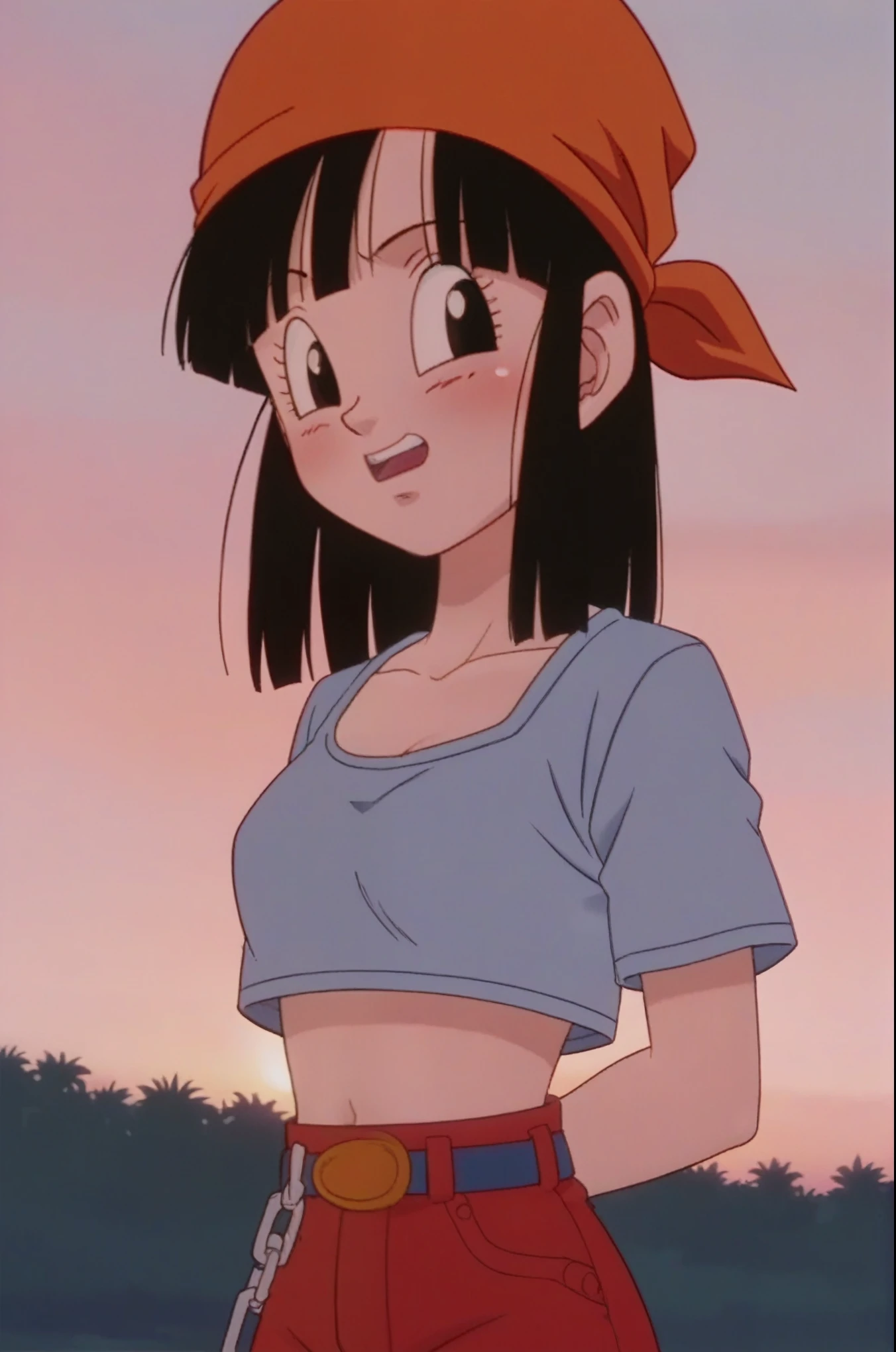source_anime, score_9, score_8_up, score_7_up, anime screencap, 
pangt, 1girl, bangs, blushing, sexy face, grass, black hair, sunset, Watching the sunset, beach in open sea sunset, sun, collarbone, whole body, teeth, blunt bangs, outdoors, black eyes, eyelashes, upper teeth only, red crop top, bandana, retro artstyle, , 1990s \(style\), orange headwear, melancholic, thoughtful, hand on the chin, medium ass, breasts