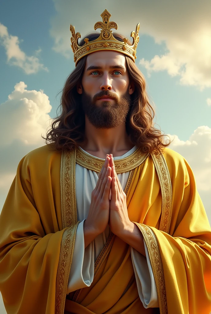 Perfect hand 5 finger, Portrait of a handsome Jesus Christ wearing gold clothes of crown king in the clouds, Jesus Christ, real blue eyes, sunny day, intricate details.real Jesus Christ, straight head face, Straight body.Prayer Jesus Christ, perfect full body, perfect hands finger,Prayer Jesus Christ, praying Jesus Christ backgrounds natural photographic