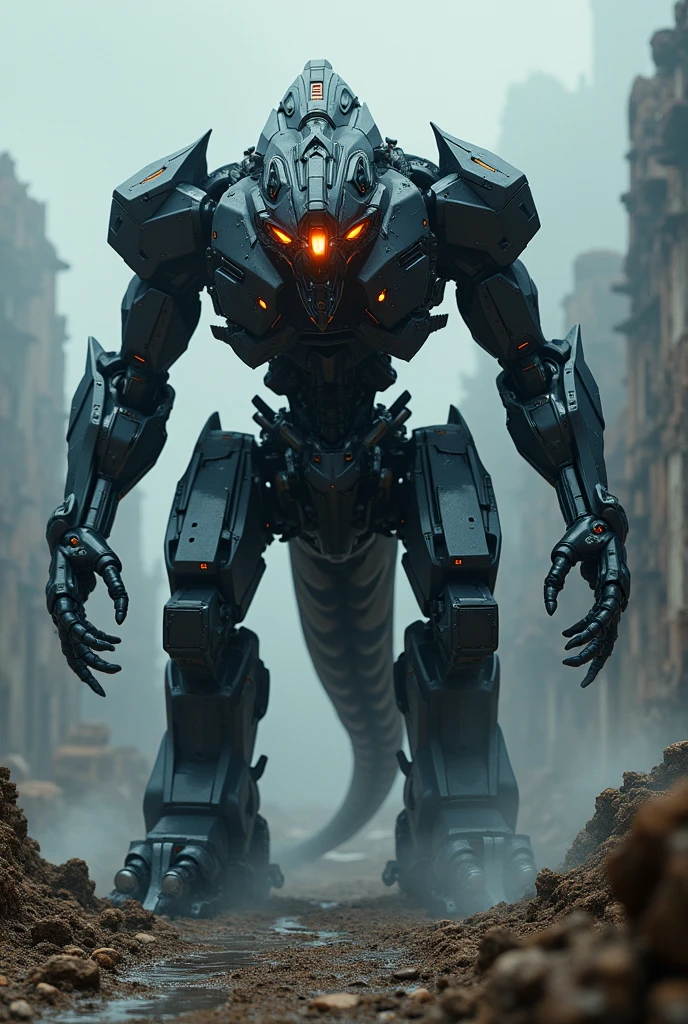 A black dragon robot with red and amber eyes