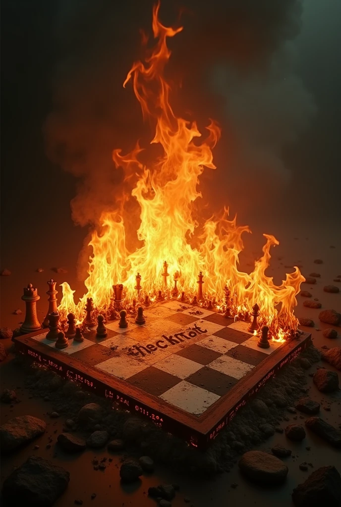 A chess board on fire and checkmate written on it
