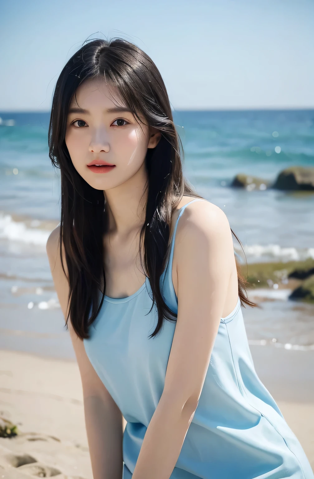 A photorealistic image of a young woman with long wet black hair and soft, radiant skin, standing on a beach during a misty morning. she wearing white tanktop with water droplets on her skin, highlighting her delicate features. Her deep eyes and subtle makeup enhance her natural beauty, complemented by the serene, soft blue background of the sea and sky. The atmosphere is tranquil and slightly moody.