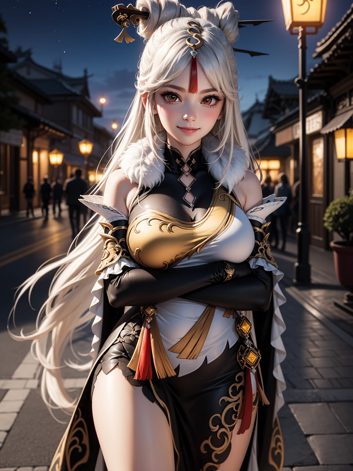 Masterpiece, high quality, 8k,detailed body, ultra detailed, detailed face, standing, blush, bright eye, outdoors, (detail face), ningguangdef, (gigantic breasts),(night), half body, smile,