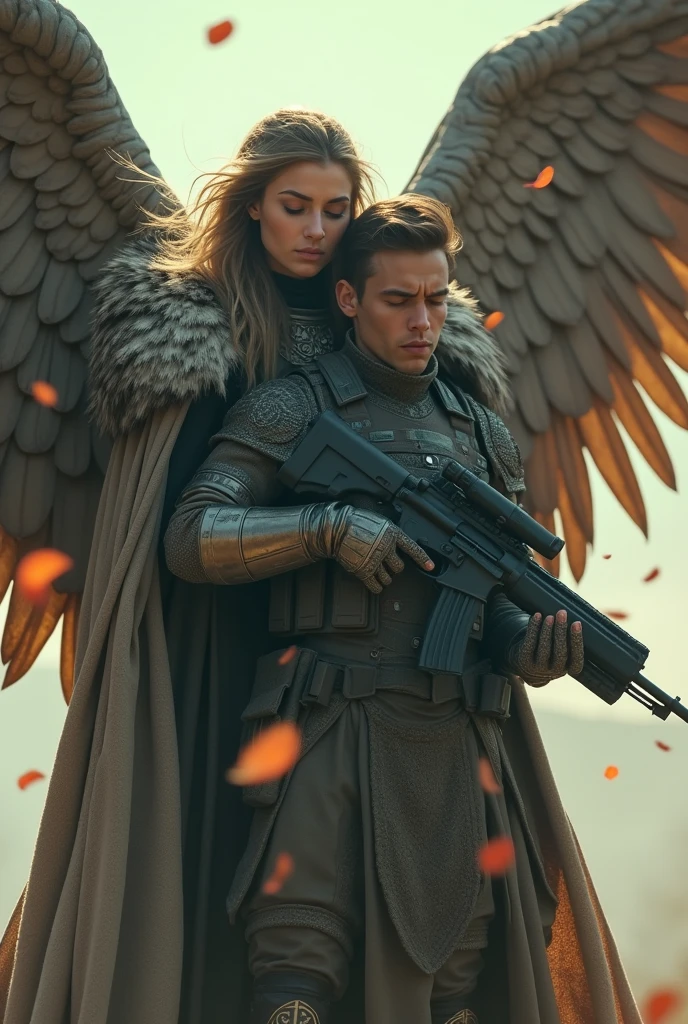 Wide Angle, full length, a (stunningly beautiful Valkyrie) A male soldier in modern warfare gear is sleeping in his arms, Fly into Valhalla, back (Glorious battle, epic), excellent, Awe, beautiful, Very detailed, Facial features are well depicted, best quality, Holy, Prismatic analogous colors, Dynamic Synthesis, Beautifully, Movie Lighting, sublimation, Striking scenes, The image is clear and sharp, Surreal, (Petals in the sky)