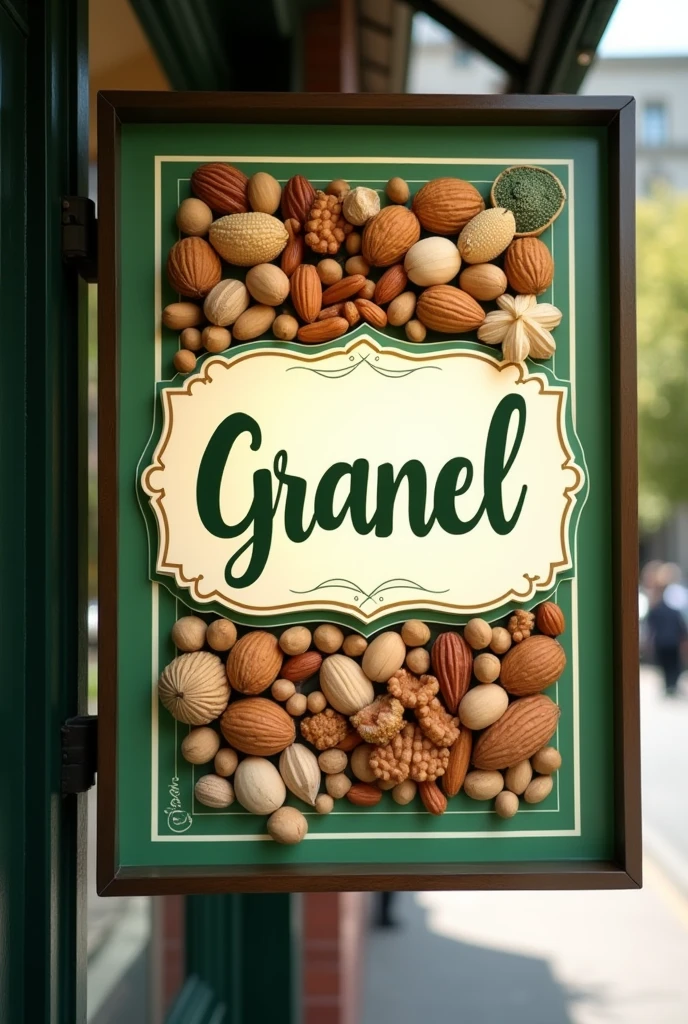 Sign for a store with the name Granel in a green and white tone with a horizontal rectangular shape with nuts inside the rectangle.