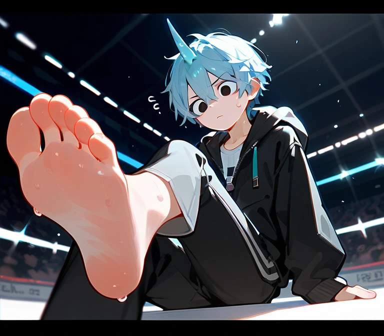A cute boy showing his stinky feet low angle,barefoot, Curious expression，Sweating on the soles of the feet, Foot Focus,White T-shirt, Wearing a white and black hooded jacket,Unzipped hooded jacket, There are bangs between the eyes,short hair,Light blue hair, Black pants, Anatomically correct, There is a single blue horn in the middle of the head, black eyes, Looking at the audience，Confuse，Sitting on another man&#39;s belly，Sit on the stomach，Another man&#39;s hands were tied