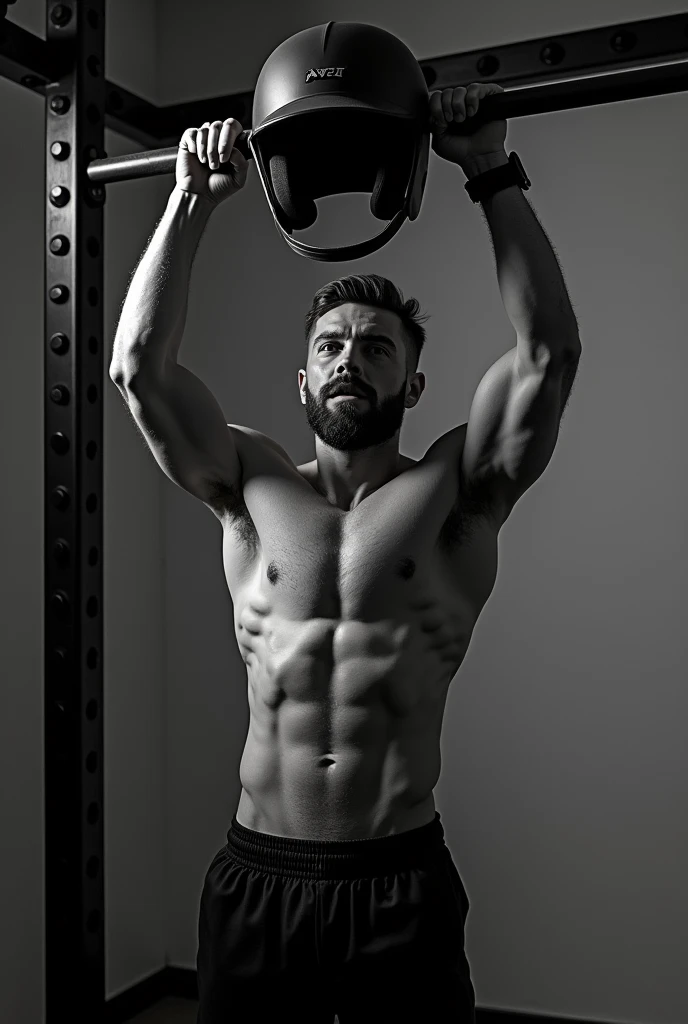 Man doing helmet pull-up in black and white 