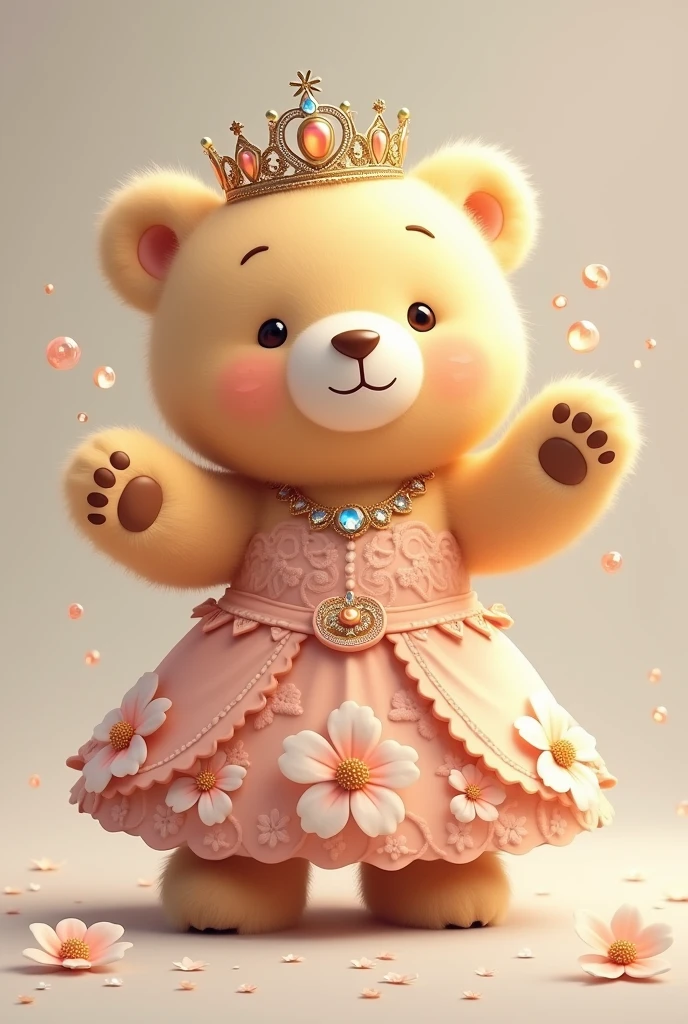 Princess bear with crown and floral dress throwing kisses with no background in the image 
